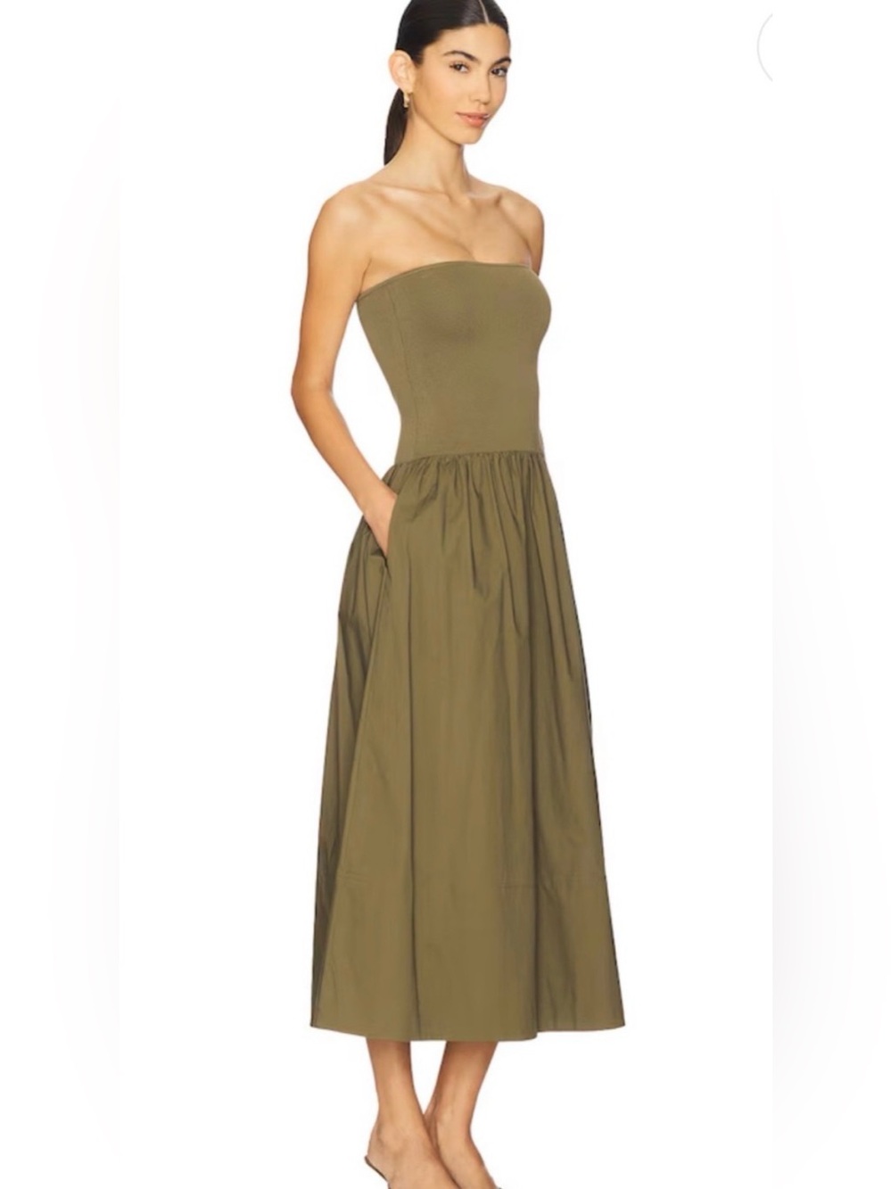 Pistola Mavo Strapless Midi Dress Rich Olive Size Medium NWT